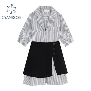 Demi-manches rayé chemise robe et jupes tenues femmes cardigan blouses robes femme élégant bureau dames chic 2 pièces ensembles 210417