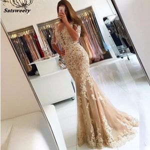 Half mouwen Backless Formele avondjurken Illusie Sheer Scoop tule Lace Champagne Mermaid Prom Dresses Long 2023