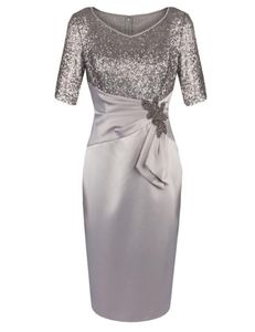 Demi-manches col en V paillettes gris argent clair longueur genou mère des robes de mariée pour la fête de mariage mère du marié Dresse4204414