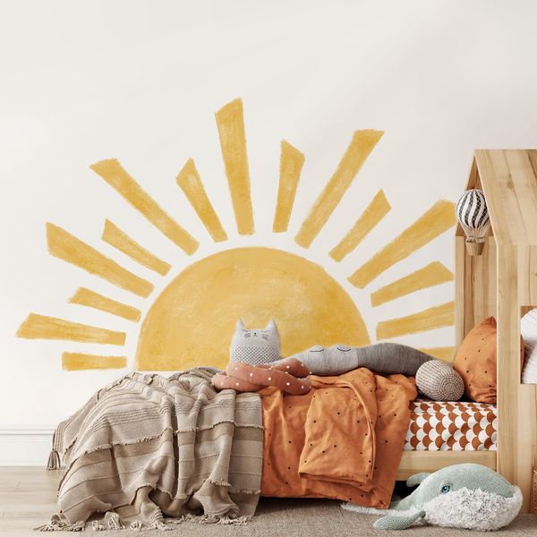 Calcomanía de papel tapiz de medio sol, pegatinas de vinilo de sol para pared, pegatinas de pared de habitación de bebé bohemio para guardería, decoración del hogar autoadhesiva para dormitorio