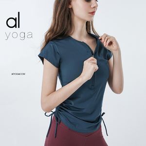 T-shirt de yoga à manches courtes pour femmes, demi-fermeture éclair, cordon de serrage, haut de sport d'été, séchage rapide, combinaison de course, fitness, yoga