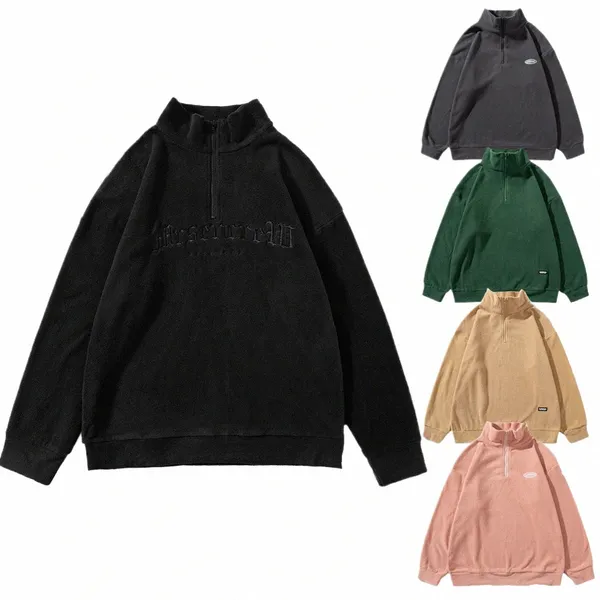 Media cremallera hasta Harajuku japonés botín ropa de calle sudadera de gran tamaño chaqueta de lana para hombres mujeres negro verde rosa 0108 #