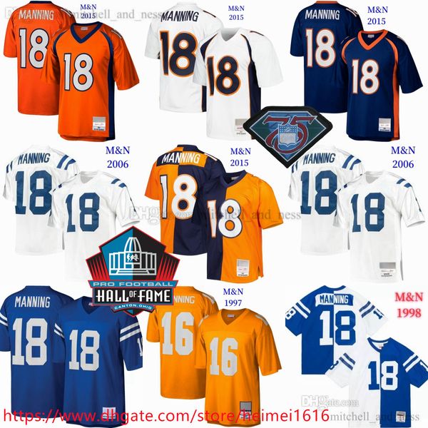 SALÓN DE LA FAMA Fútbol americano retro 18 Peyton Manning Jersey Classic 2005 Vintage 1998 Stitch Retro Jerseys Camisas deportivas transpirables 75th Patch Classic Peyton Manning