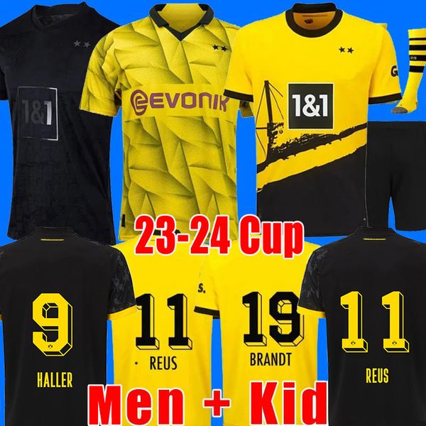 HALLER Futebol Jerseys 23 24 Cup REUS 2023 2024 Borussia Futebol Futebol Top Camisa Neongelb Hummels Brandt Dortmund Homens Crianças Kit Especial Todo Preto Maillot de Foot XXL