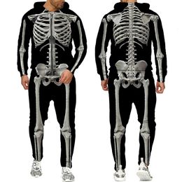 Halloweeen Cosplay Skeleton Splanchna 3D All Over Print Rits Trainingspakken Heren Hoodie Broek 2 Stuks Set Streetwear Pakken 240111