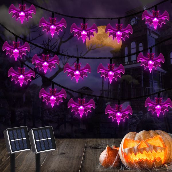 Halloween 30 60 LED Strings Purple Spider Bat Lights 20.8ft 35.6ft Solar String Décorations de fête étanches Lumières extérieures 8 modes