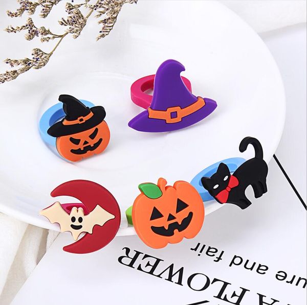 Halloween 5 Styles Kids Cartoon Jewelry Ring Pumpkin Ghost Cat Bat Magic Hat Design Girl Boy Farty Cosplay Accessoires