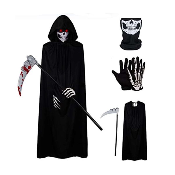 Costume d'horreur d'Halloween pour adultes, jeu de rôle, attaques de mort, masque de crâne, gants en os fins, faucille de mort, Robe fantôme, Costume de scène de fête de carnaval