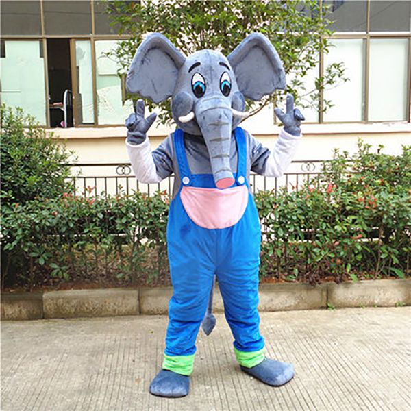 Halloween taille adulte Cool gris éléphant mascotte Costume Mascotte éléphant avec blanc ivoire long nez bleu pantalon adulte marche tenues