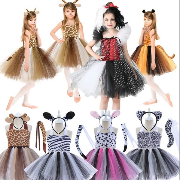 Disfraz de cosplay de animales de Halloween para niños Tema del bosque Vacas Tigre Jirafa Leopardo Cebra Vestidos de tutú Conjuntos de danza de rendimiento FS7837 B1125