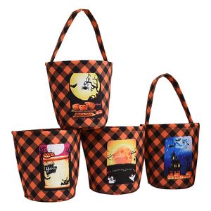 Cesta de Halloween, cubo de lona a cuadros, recuerdo de fiesta, bolsa de almacenamiento con asa para truco o trato, bolsas de regalo de vacaciones para niños