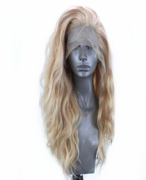 Halloween Hermosa 16 pulgadas de onda profunda Mezcla de cabello Pelucas rubias Fibra resistente al calor Sin cola Peluca delantera de encaje sintético para mujeres blancas F9952247
