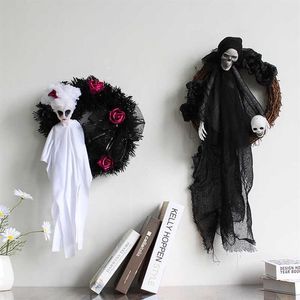 Halloween noir blanc fantôme porte suspendue fantôme Festival horreur fête couronne fantôme tête ornements maison hantée décoration accessoires Q0237z