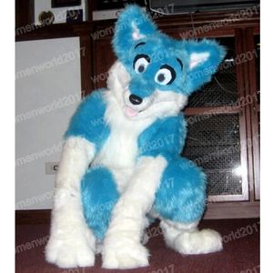 Halloween Blue Hair Long Husky Fox Dog Mascot Costume Costume de haute qualité Le personnage de dessin animé Tesits Unisexe Adultes Tenue Christmas Carnaval Fancy Dishing