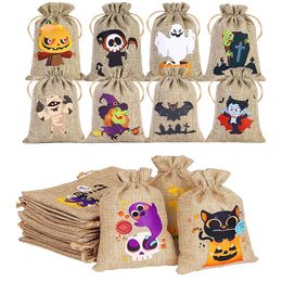 Bolsas de regalo de arpillera de Halloween, yute, lino, arpillera, dulces, golosinas, bolsas con cordón para regalos de Halloween, suministros con logotipo personalizado