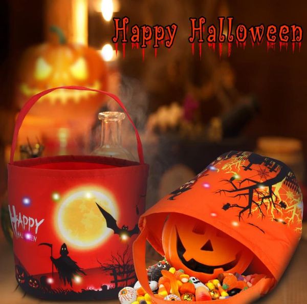 Cubo de dulces de Halloween con luz LED Cesta de Halloween Bolsas de truco o trato Bolsa de asas reutilizable Cestas de regalo de dulces de calabaza para niños Suministros para fiestas Favores SN6252