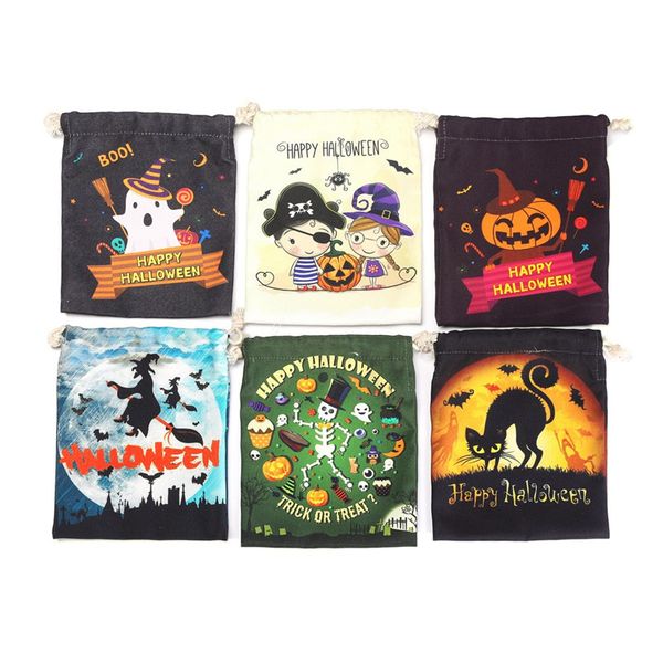 Halloween toile sac cadeau enfants bonbons cordon sac citrouille sorcière chat crâne imprimé poche joyeux Halloween sac cadeau