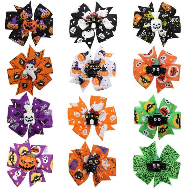 Halloween Bande Dessinée Épingle À Cheveux 3 Pouce Ruban Arcs Moulin À Vent Griffes De Cheveux 12 Couleurs Citrouille Barrettes Bande Dessinée Résine Enfants Cheveux Accessoires