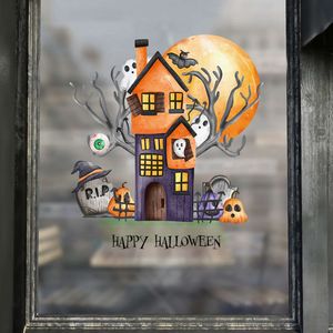 Autocollants muraux de Style dessin animé d'halloween, lune Orange et maison, citrouille Goast, pour fenêtre, verre, salon, Festival