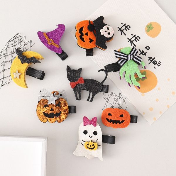 Accesorios para el cabello de Halloween para niños, pasadores de gato negro con murciélago fantasma de calabaza para niñas, pasadores para el pelo para niños, pinza para el pelo con lazo, horquilla Fanny 2022