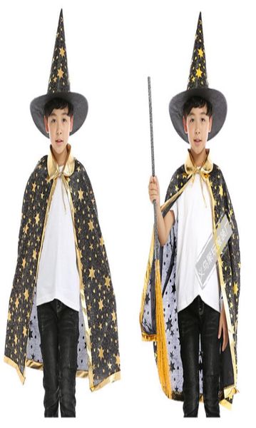 Capa de Halloween para niños, sombrero con estampado de estrellas, capa, conjuntos de Cosplay de bruja mágica, disfraces 3818961