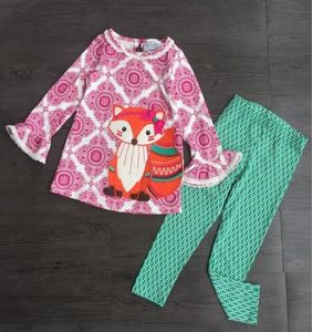 Halloween -kleding gloednieuw 28t Girl Re Brand Cute Fox Cartoon Blouse and Green Pants 2 stuks Suit6730075