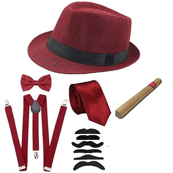 Disfraz de Halloween Cosplay 1920s para hombre Gatsby Gangster Accesorios Set - Fedora Newsboy Hat Tirantes Brazaletes Atados Bowtie Y0903