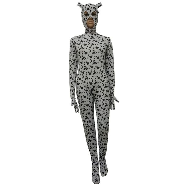 Disfraz de cosplay de Halloween animal blanco manchas negras perro medias mono completo Zentai trajes elegante capucha extraíble