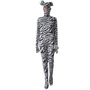 Halloween cosplay kostuum dier zebra-streep patroon panty jumpsuit Bodysuit Fancy Zentai Suits terug 3-weg rits