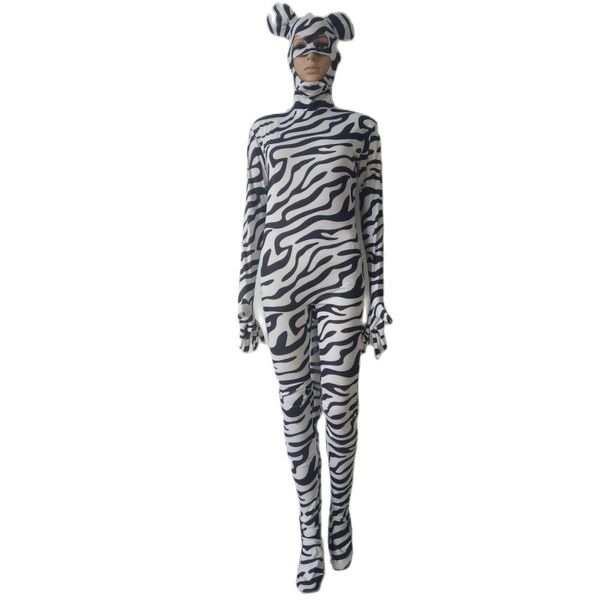 Disfraz de cosplay de Halloween, mono con patrón de rayas de cebra animal, mono, trajes Zentai de lujo, cremallera trasera de 3 vías