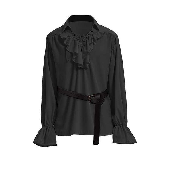 Halloween Cosplay Chemise à col montant à manches bouffantes pour hommes Chemise de jeu de pirate Renaissance médiévale