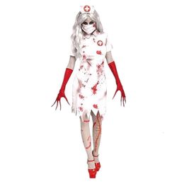 Disfraz de Halloween Disfraz de Cosplay Fiesta de Halloween Disfraces de Cosplay Actuaciones Escénicas Uniformes Seductora Blanca con Manchas de Sangre Enfermeras Aterradoras