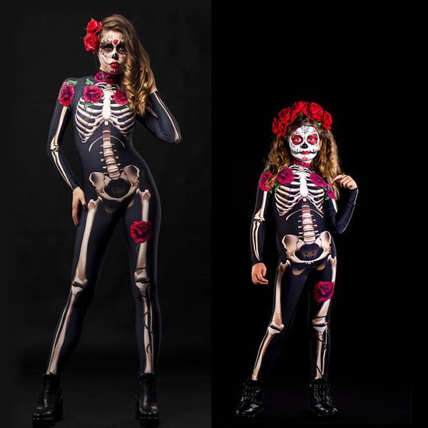 Trajes de disfraces de Halloween Mujeres Horror Rose Skull Traje a juego para padres e hijos Mono Lady Kids Slim Mamelucos de manga larga 210507