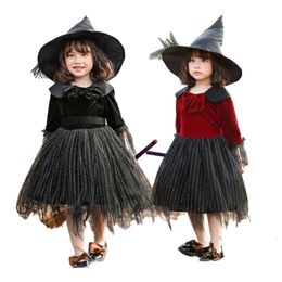 Disfraz de Halloween Mujer Diseñador Disfraz de Cosplay Disfraz de Halloween para niños Gasa Roja Vino Negro Vestido de Princesa esponjoso Bruja pequeña Cosplay Vestido de Bruja para niña