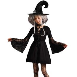 Halloween kostuum dames ontwerper cosplay kostuum Halloween kostuum donkere gotische Lolita haak hoed demon heks jurk mesh open borst rok