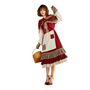 Costume d'Halloween Femmes Designer Cosplay Costume Halloween Costume Nouvelle Jupe Lolita Patch Dentelle Petit Chapeau Rouge Vin Rouge Belle Robe