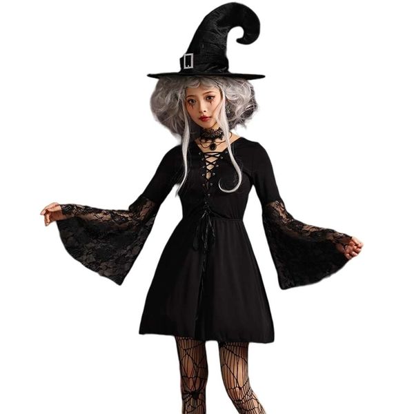 Costume d'Halloween Femmes Designer Cosplay Costume Halloween Costume Gothique Foncé Lolita Crochet Chapeau Démon Sorcière Robe Maille Jupe À Poitrine Ouverte