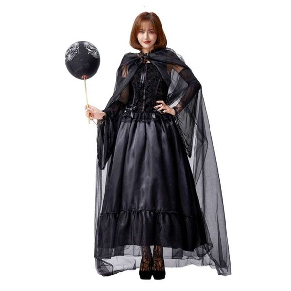 Costume d'Halloween Femmes Designer Cosplay Costume Halloween Maquillage Ball Costume Tulle Longue Cape Sorcière Foncé Cos Château Reine Cour Robe Couleur