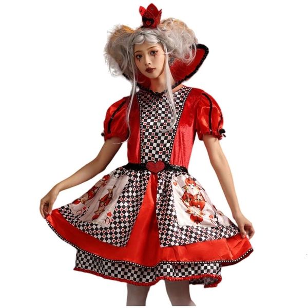 Costume d'Halloween Femmes Designer Cosplay Costume Halloween Costume Rouge Coeur Reine Imprimé Poker Reine Alice Au Pays Des Merveilles Pêche Coeur Reine Jupe