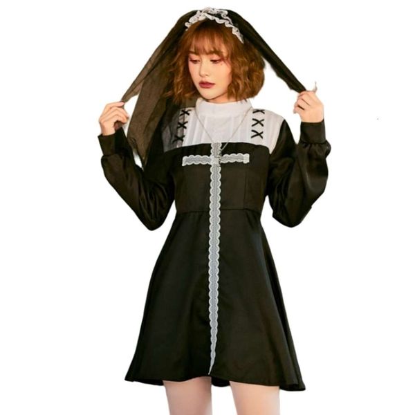 Disfraz de Halloween Disfraz de Cosplay de diseñador para Mujer Nuevo Disfraz de Monja de Halloween Vestido de Fiesta para Adultos Vestido de Plataforma de Baile de Encaje Blanco y Negro