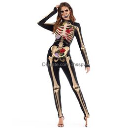 Halloween Kostuum Womens Skeleton Rose Print Scary Zwarte Skinny Jumpsuit Bodysuit Cosplay Pak Voor Vrouwen Sexy Drop Delivery