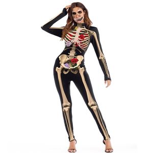 Disfraz de Halloween para mujer, disfraz aterrador con estampado de rosa y esqueleto, mono ajustado negro, traje de Cosplay de Halloween para mujer, Sexy Co2531