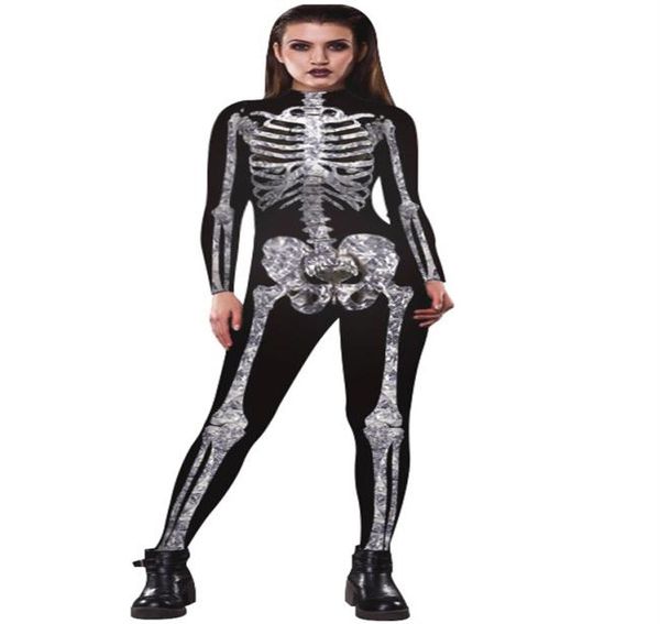 Costumes d'halloween, combinaison avec impression numérique de crâne 3d, pantalon Cosplay, body araignée pour femme, vêtements ajustés 3913790