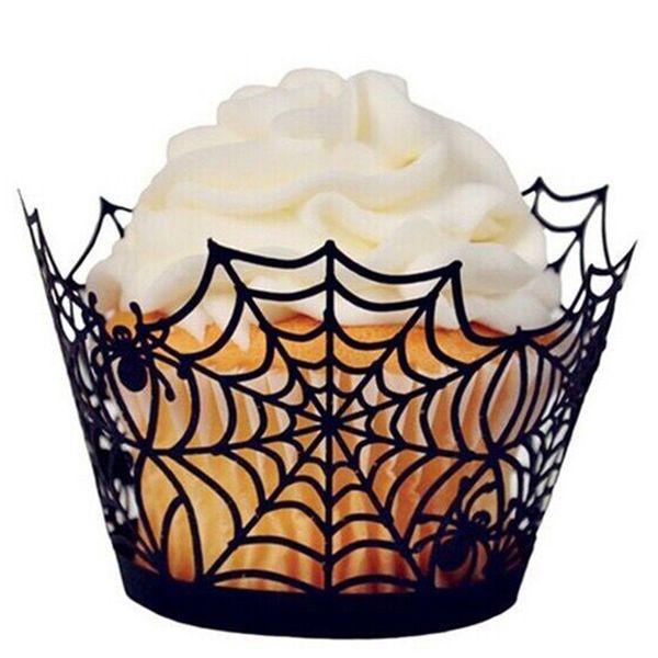 Envoltorios de la magdalena de Halloween Decoración de la torta Bandejas de la caja del muffin Telaraña Corte láser Revestimientos de papel Titulares Fiesta Decoración de Halloween JK1909XB