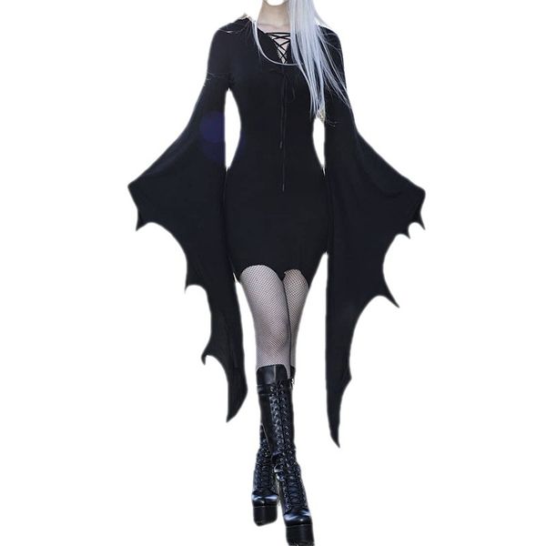 decoración de halloween vestido negro Mujer Estampado lindo Manga corta Único Casual Flared A Line Party Vestido corto Vestido de color sólido con mangas anchas