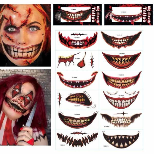 Decoración de Halloween Pegatinas de tatuaje de boca grande DIY Pegatinas de cara rayada de labios de terror Decoraciones Arte corporal del día de los muertos Tatuajes falsos Calcomanías