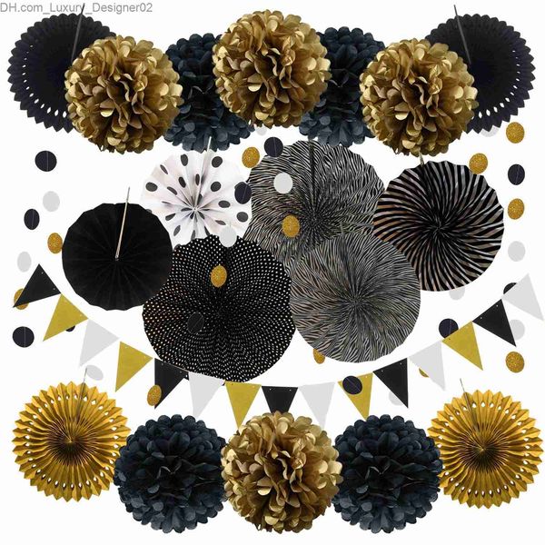 Suministros de decoración de Halloween Papel negro Pom Poms Flores Fan Ball Triángulo Streamer Boda Baby Shower Feliz cumpleaños Fiesta Q230830