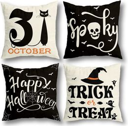 Halloween Decorations Pillow Cowns 18x18 Set van 4 voor binnensoor buiten feestartikelen boerderij home decor gooi web katten schedel spook decoratieve kussenkast