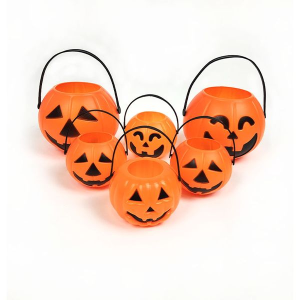 Decoraciones de Halloween Cubo de calabaza con asas Cubos de plástico para dulces para niños Truco o trato 5012 Q2