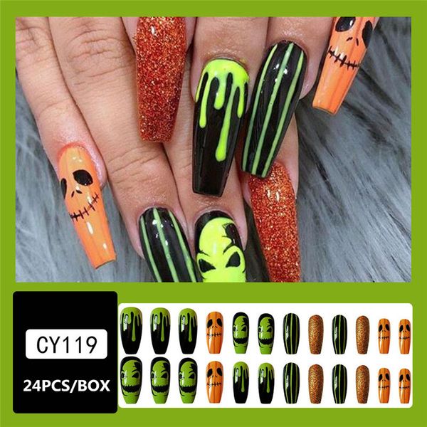 Halloween Faux Nails Appuyez sur Black Ghost Design Long Fake Nail Pumpkin Pression Adhésive Nail Adhesive Tips 24pcs